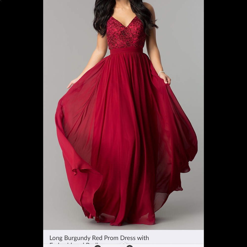 Long Burgundy prom dress w/ embroidered bodice